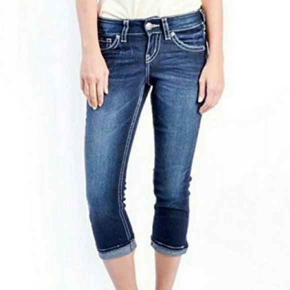 Silver Suki Capri Sequin Embroidered S Pocket Ankle Cropped Capri Designer Jeans - Picture 1 of 16